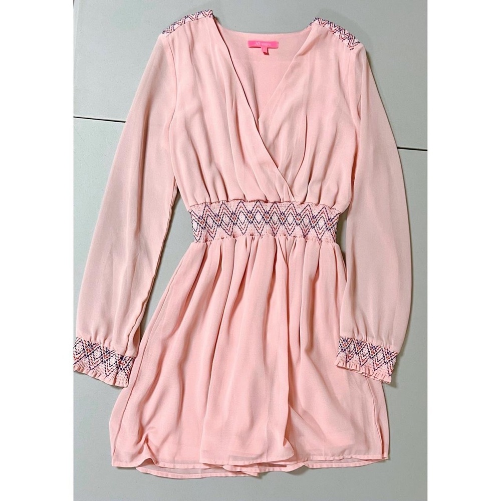 Xtaren Pastel Pink Geometric Print Banded Long Sleeve Mini Dress Size M 🌷